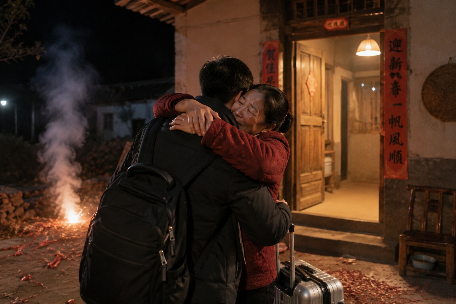 Mother embracing her son after his long journey home for Spring Festival