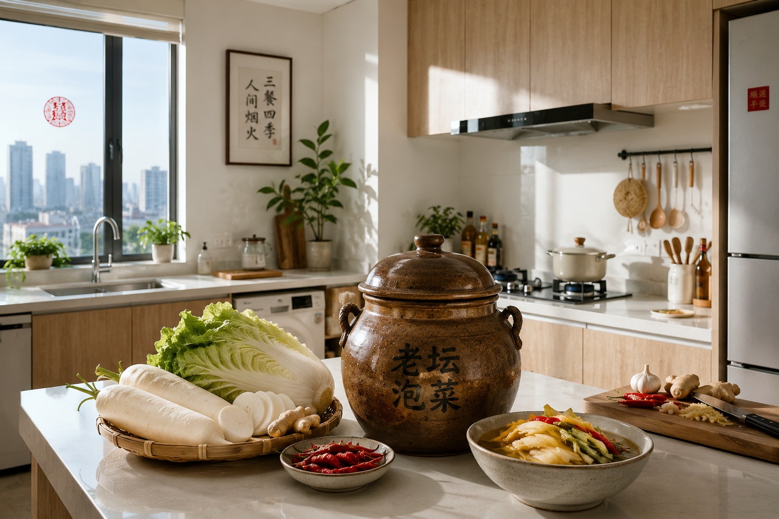 A traditional clay jar for fermenting Sichuan pickles sits on a kitchen counter in a modern urban apartment, with fresh vegetables nearby, illustrating the homemade revival of paocai.