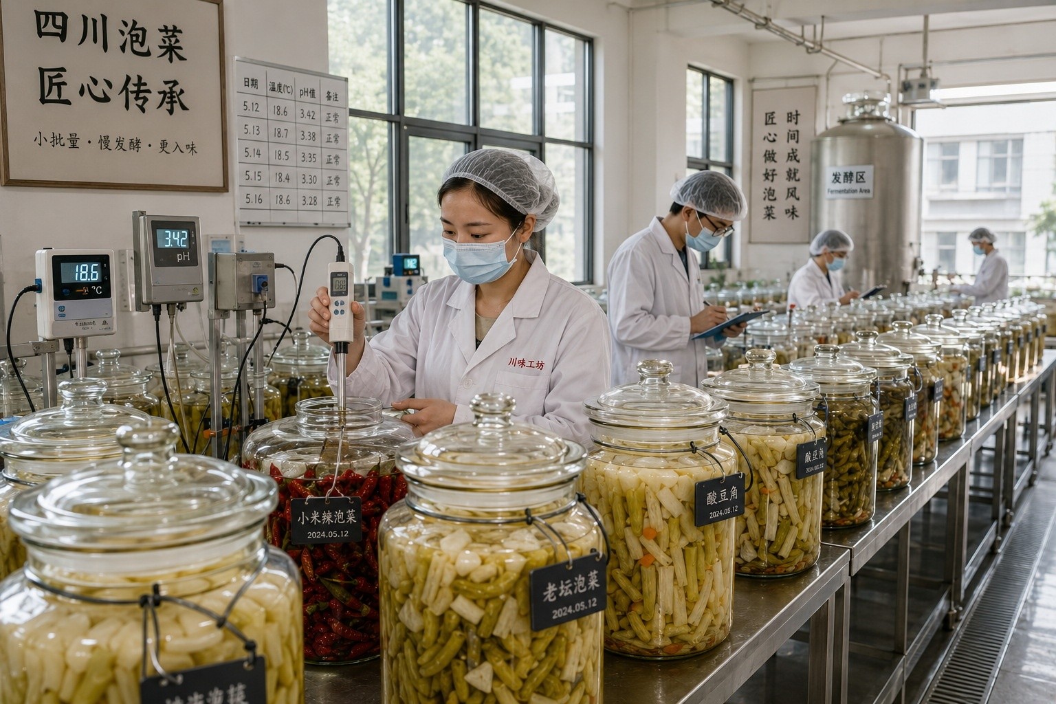 Workers in a modern Sichuan pickle facility monitor glass fermentation jars with precision instruments, showing the blend of traditional methods and modern quality control.
