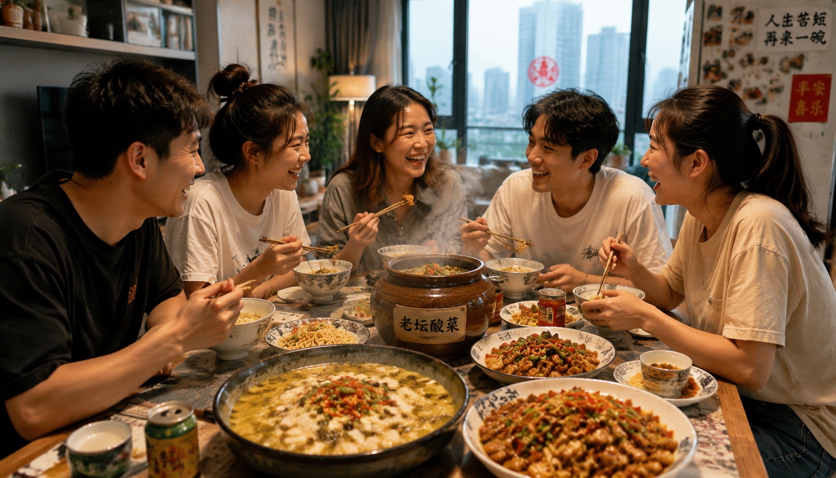 Group of young Sichuan expats in Shenzhen having a pickle potluck, sharing homemade dishes made from pickles sent from home