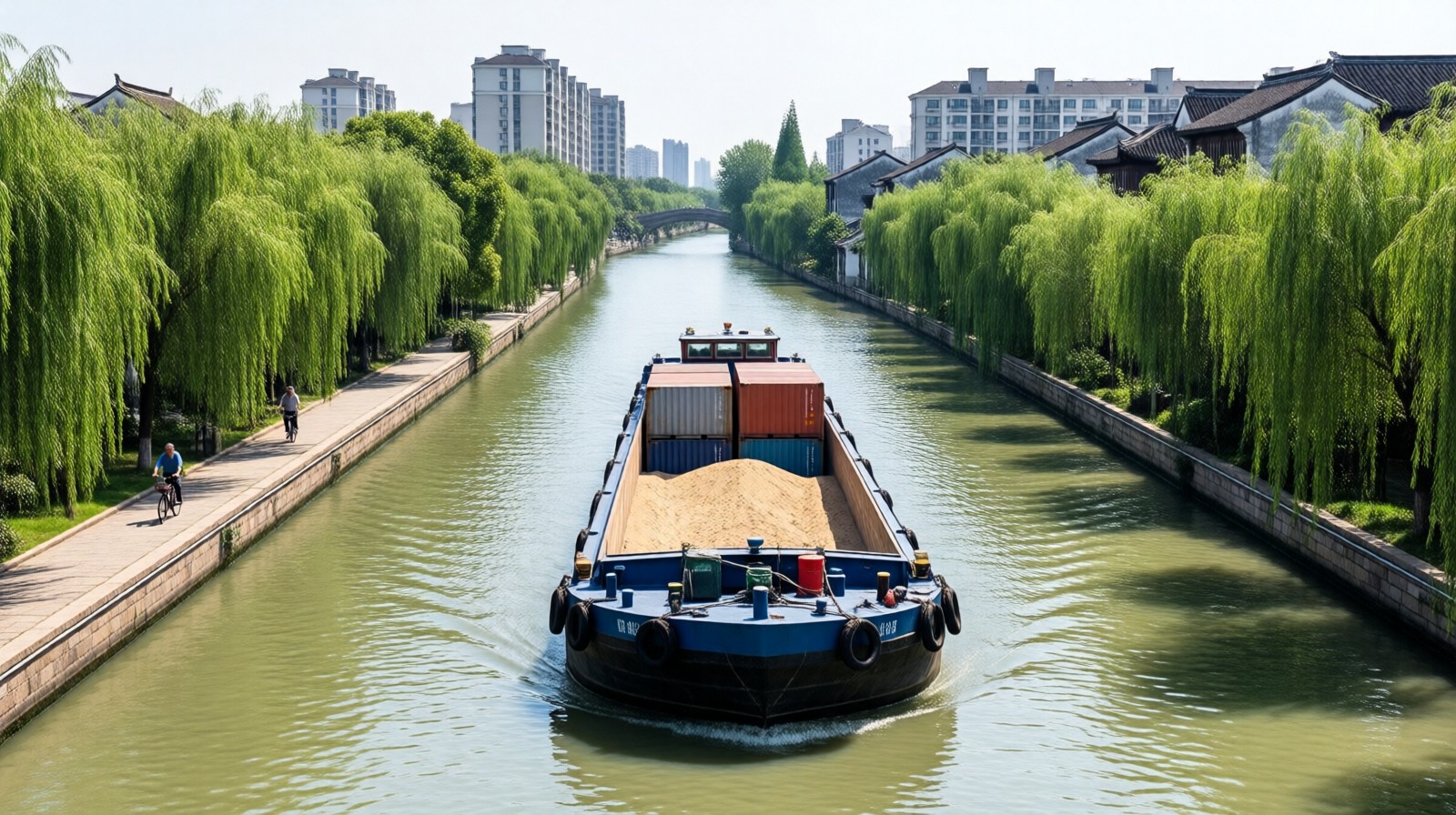 A cargo barge loaded with containers and sand on the Grand Canal in Suzhou, with a cyclist on the towpath and modern buildings in the background.