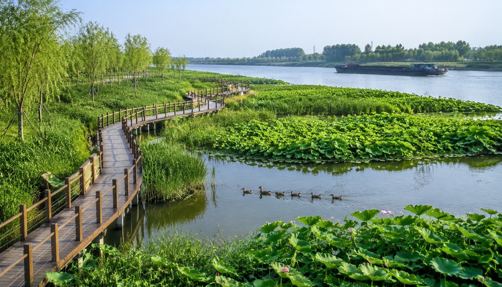 Restored wetland along the Grand Canal with a boardwalk, wildlife, and a passing barge in the background.
