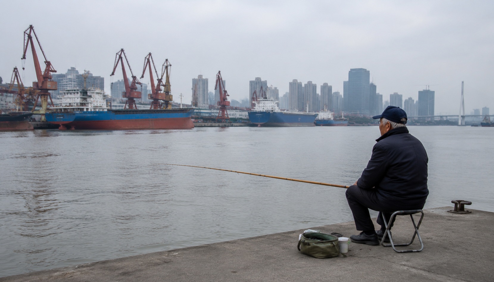 An elderly man fishing with a bamboo pole by the Grand Canal in Tianjin, with modern cargo ships and port cranes in the background.