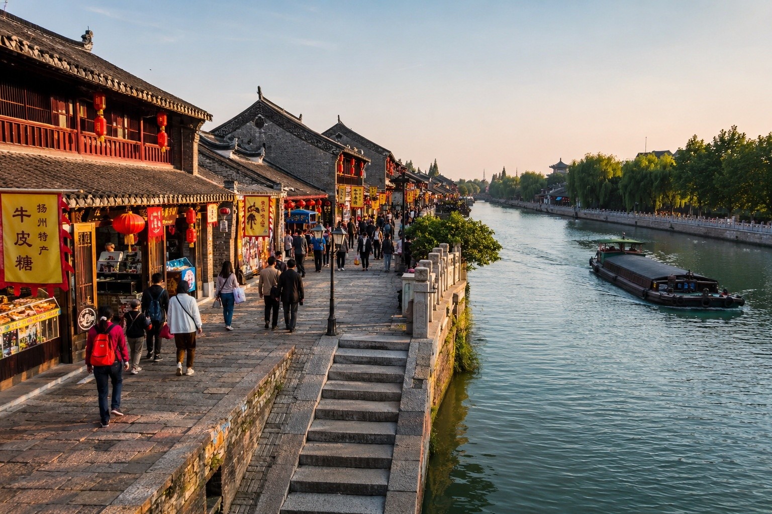 Tourists walking along Dongguan Street ancient wharf in Yangzhou on the Grand Canal, with traditional buildings and a passing barge.