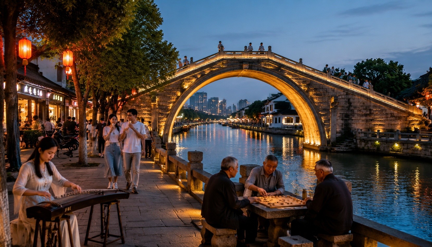 Gongchen Bridge in Hangzhou at dusk, with people enjoying leisure activities along the Grand Canal waterfront.