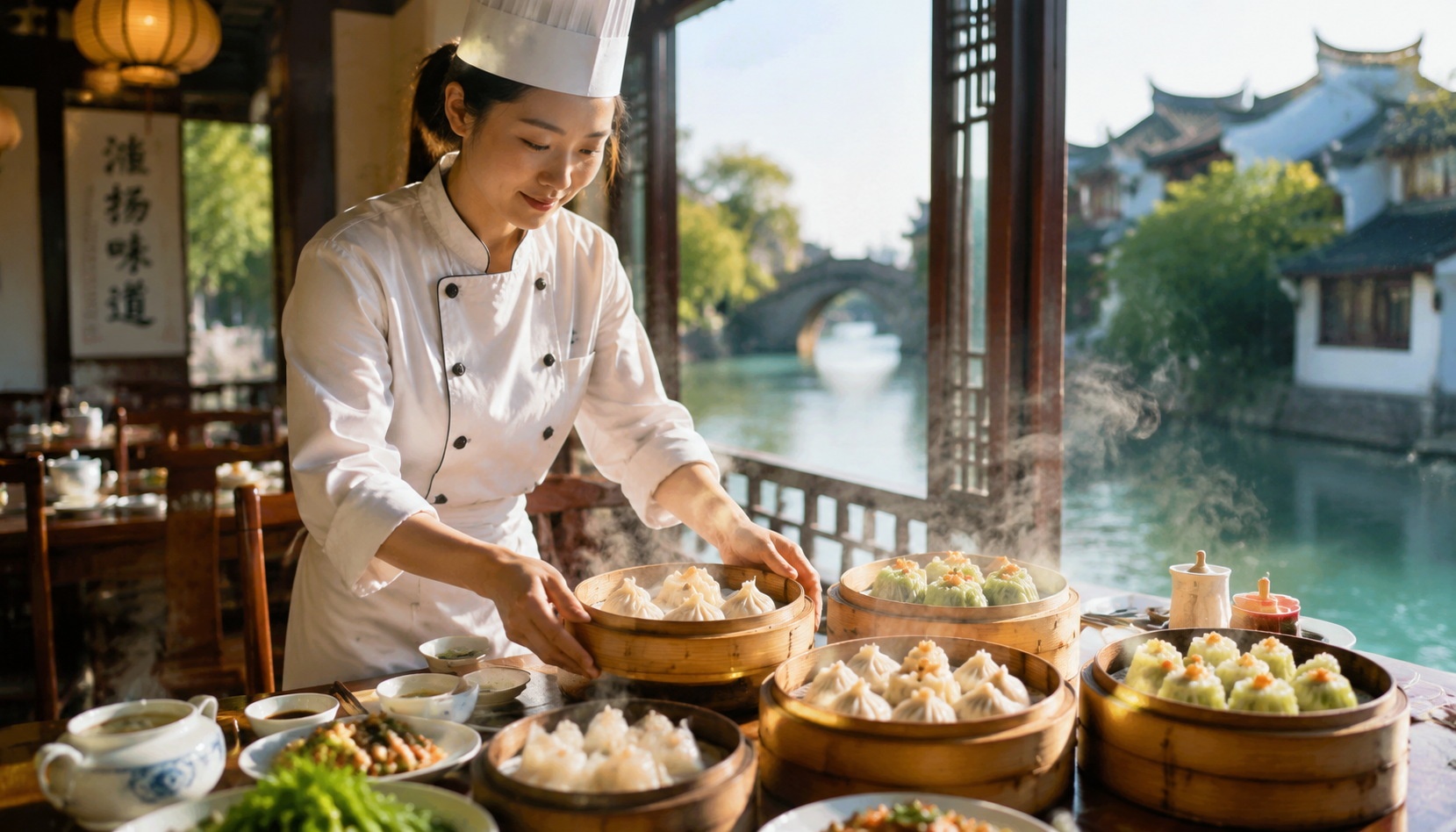 Young chef in Yangzhou serving bamboo steamers of dim sum at a traditional restaurant overlooking the Grand Canal