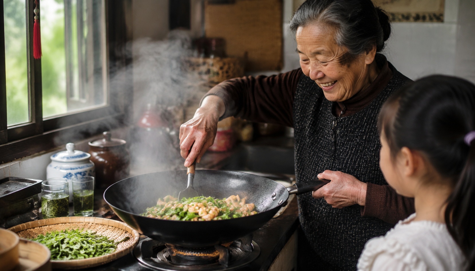 Grandmother cooking Longjing shrimp with fresh tea leaves in a Hangzhou home kitchen