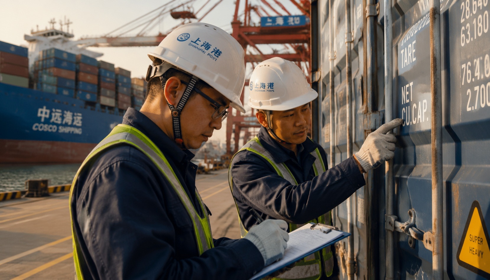 Workers inspecting shipping containers at a busy Chinese port in the afternoon