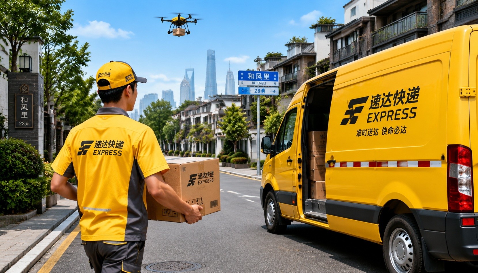 Chinese courier delivering a package to a van in a residential area