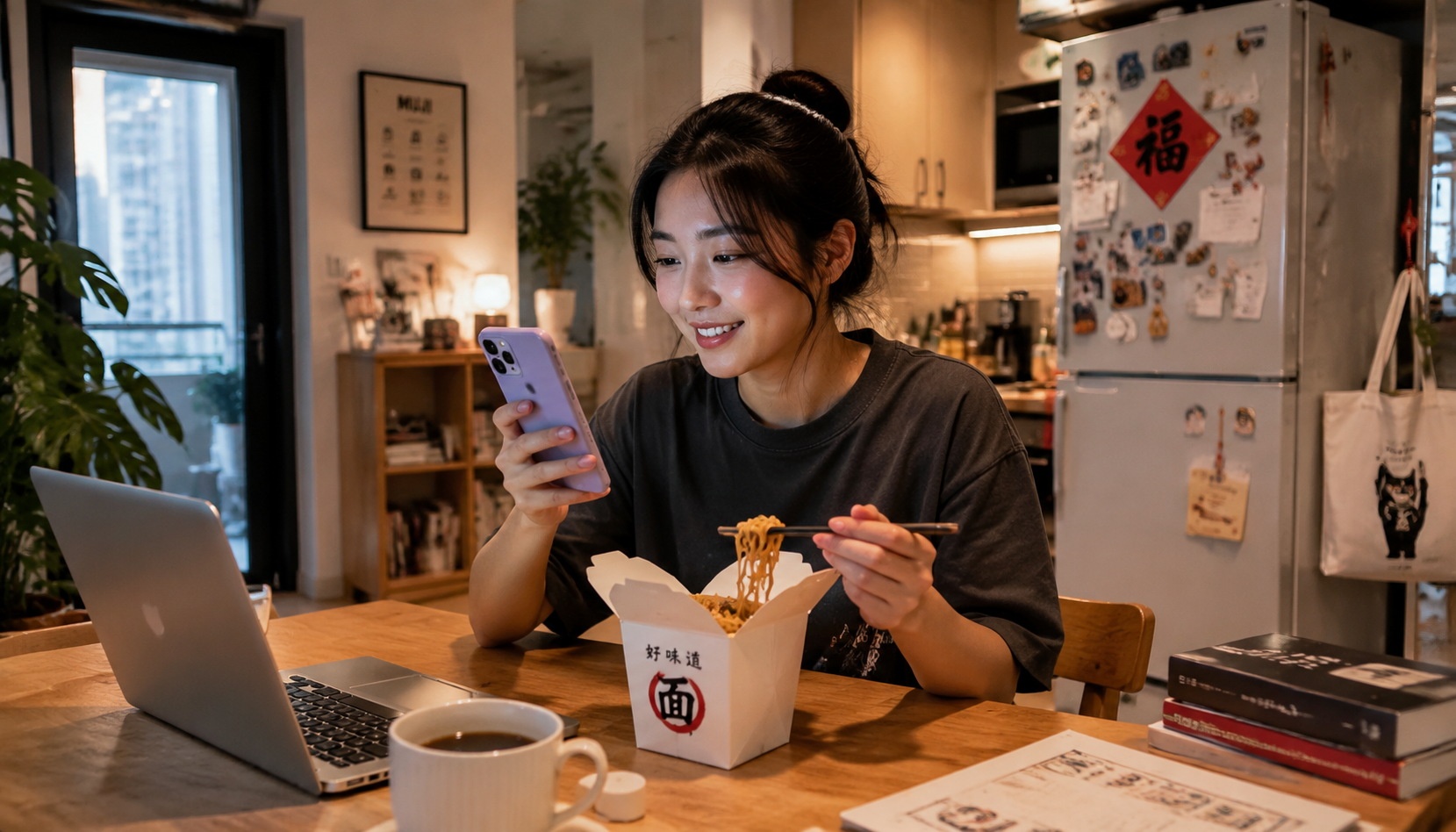 Person using a smartphone while eating takeout noodles at home in China