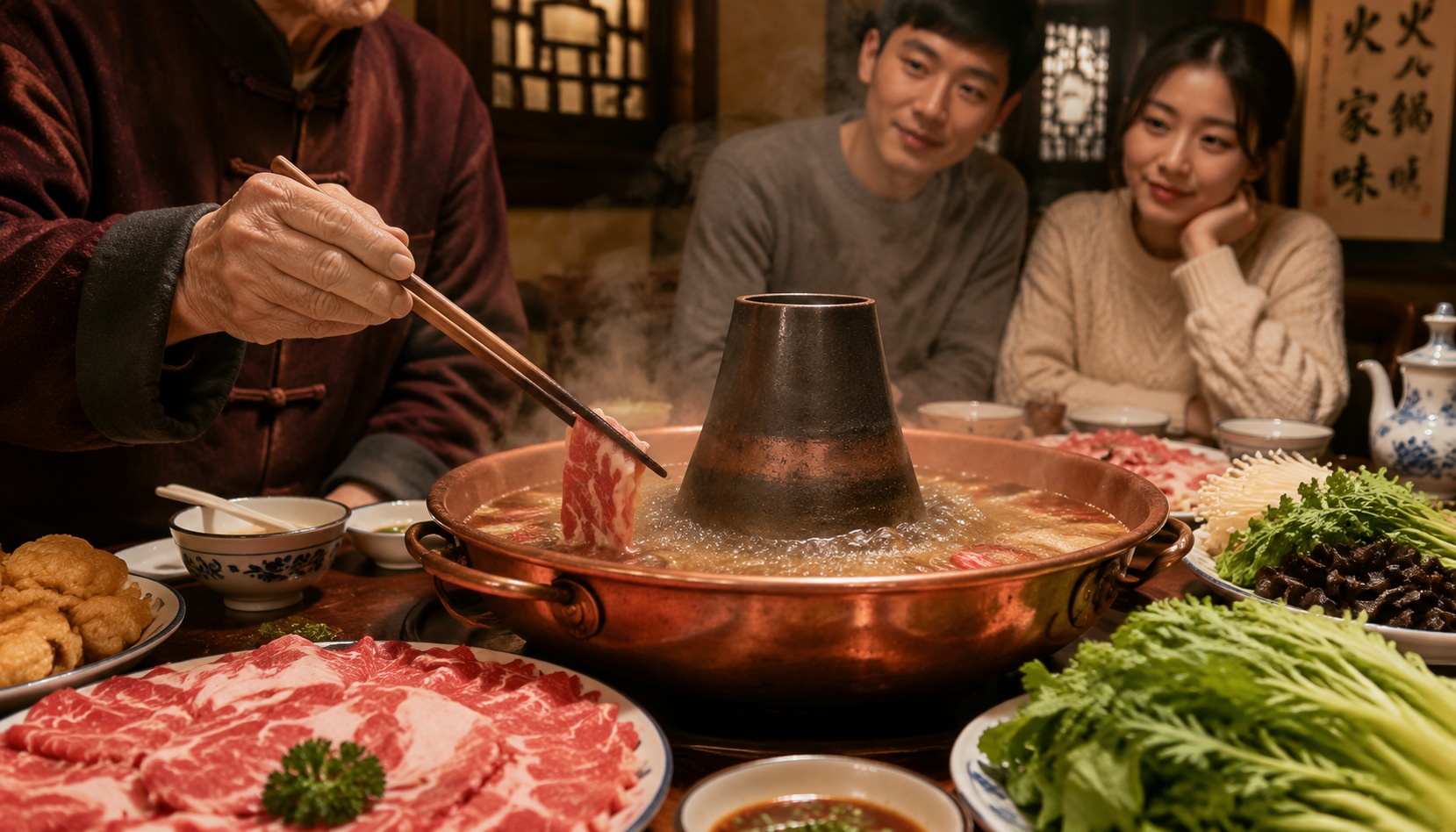 Elderly Chinese man taking the first bite at a hotpot meal while younger family members wait respectfully, illustrating Chinese dining etiquette.