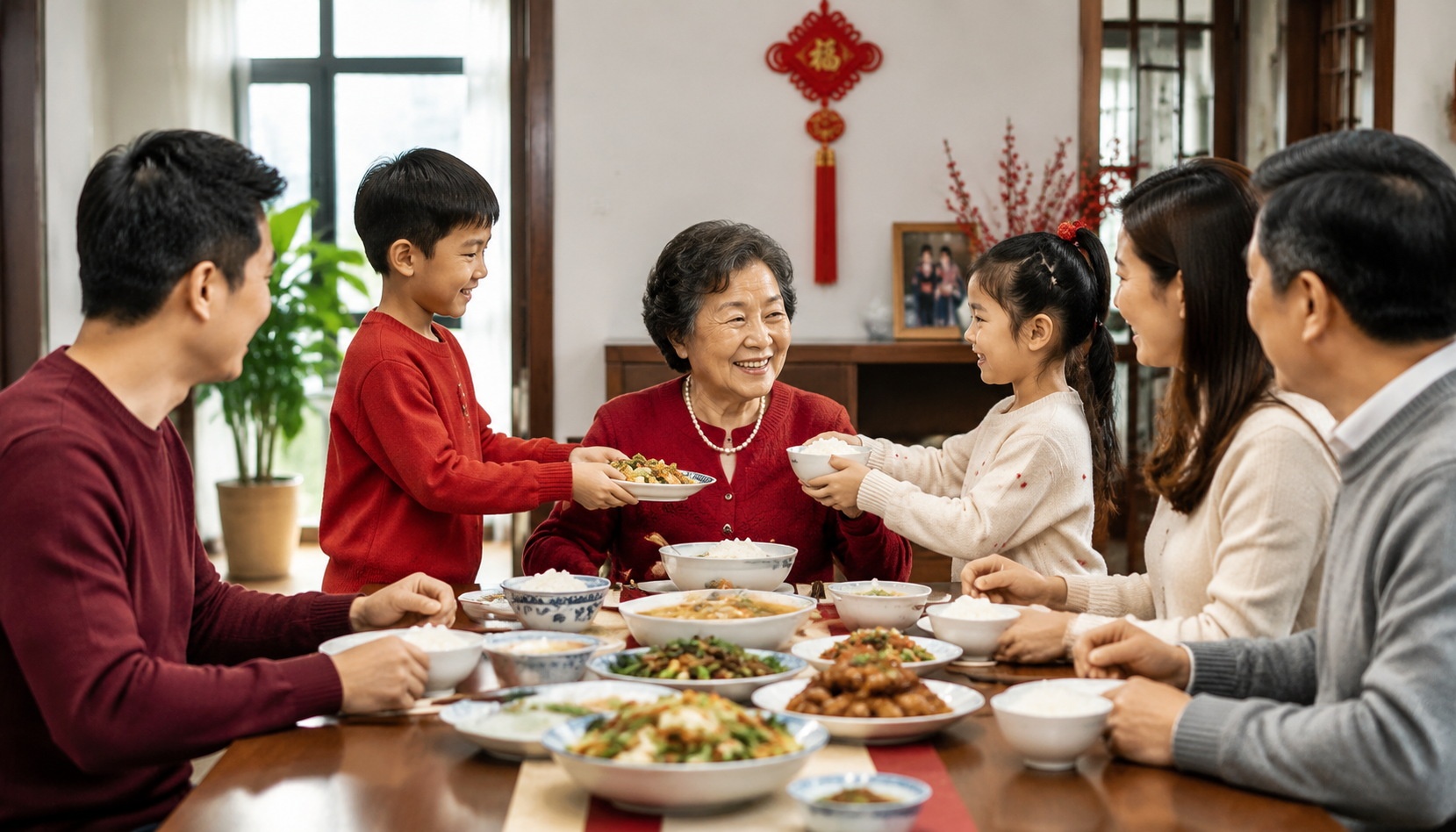 Chinese family dinner with grandmother being served first by younger members, showing respect for elders through daily rituals.