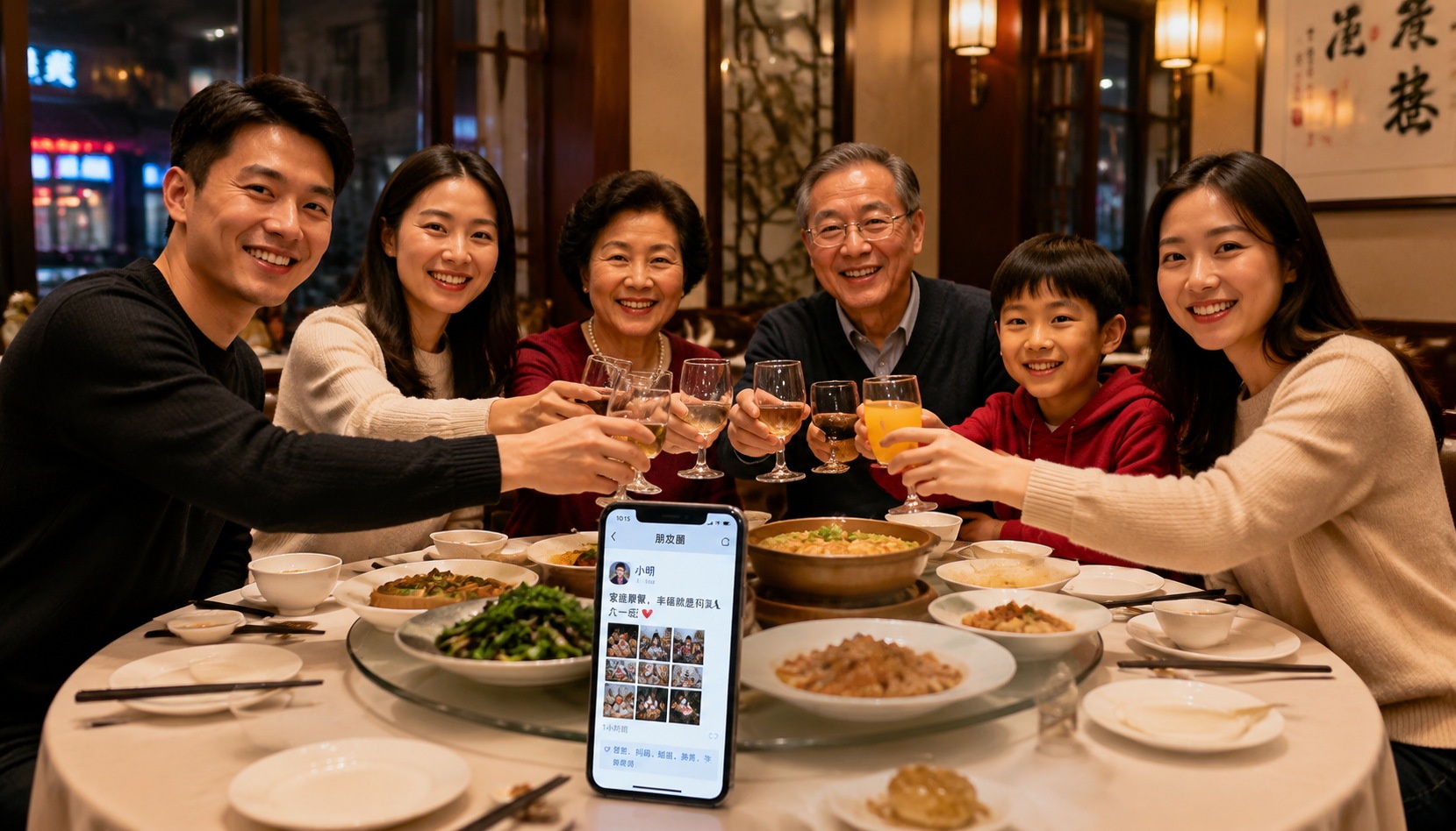 Chinese family dinner with smartphone displaying WeChat Moments post, symbolizing online sharing of family harmony