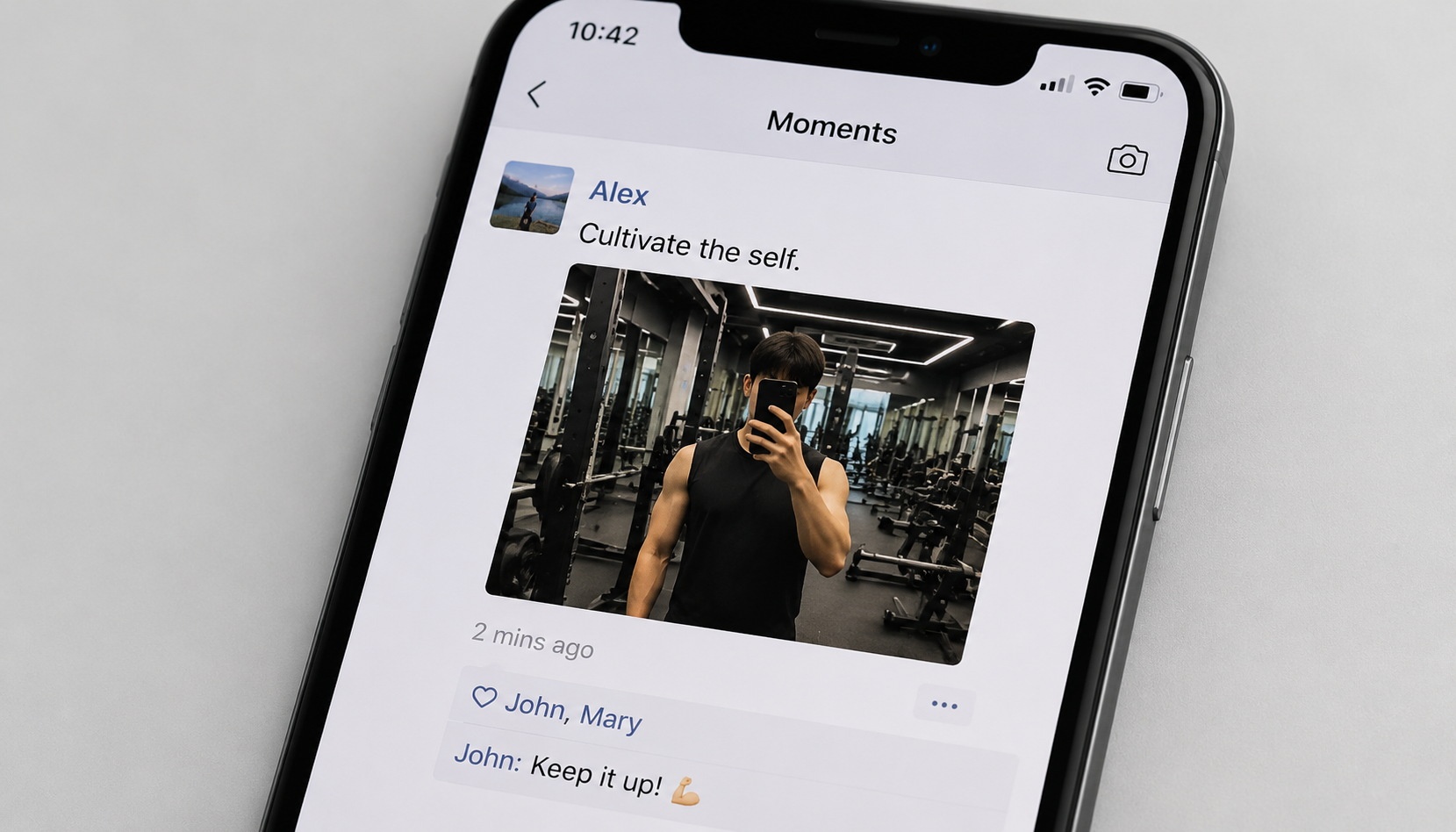 WeChat Moments feed with a self-cultivation post showing gym selfie and inspirational text