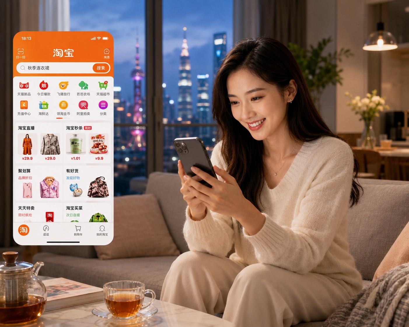 Young woman shopping on Taobao app in Shanghai apartment