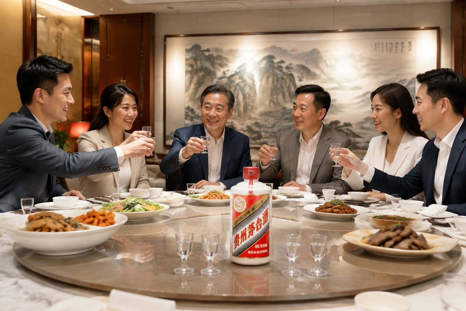 Chinese business dinner with baijiu bottles and small glasses on a round table, guests toasting in a private room.