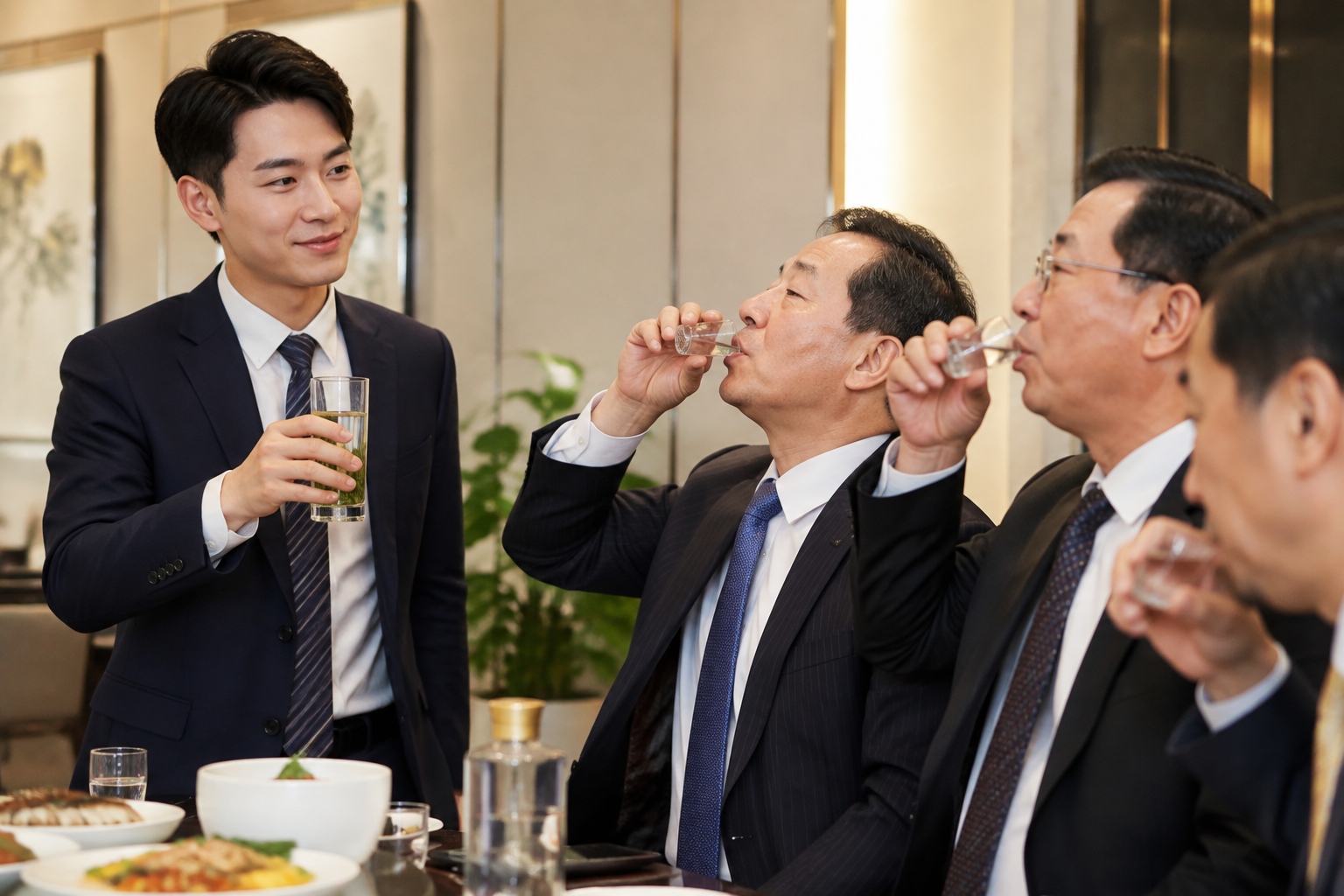 Young Chinese businessperson opting for tea instead of baijiu at a dinner, reflecting generational change.