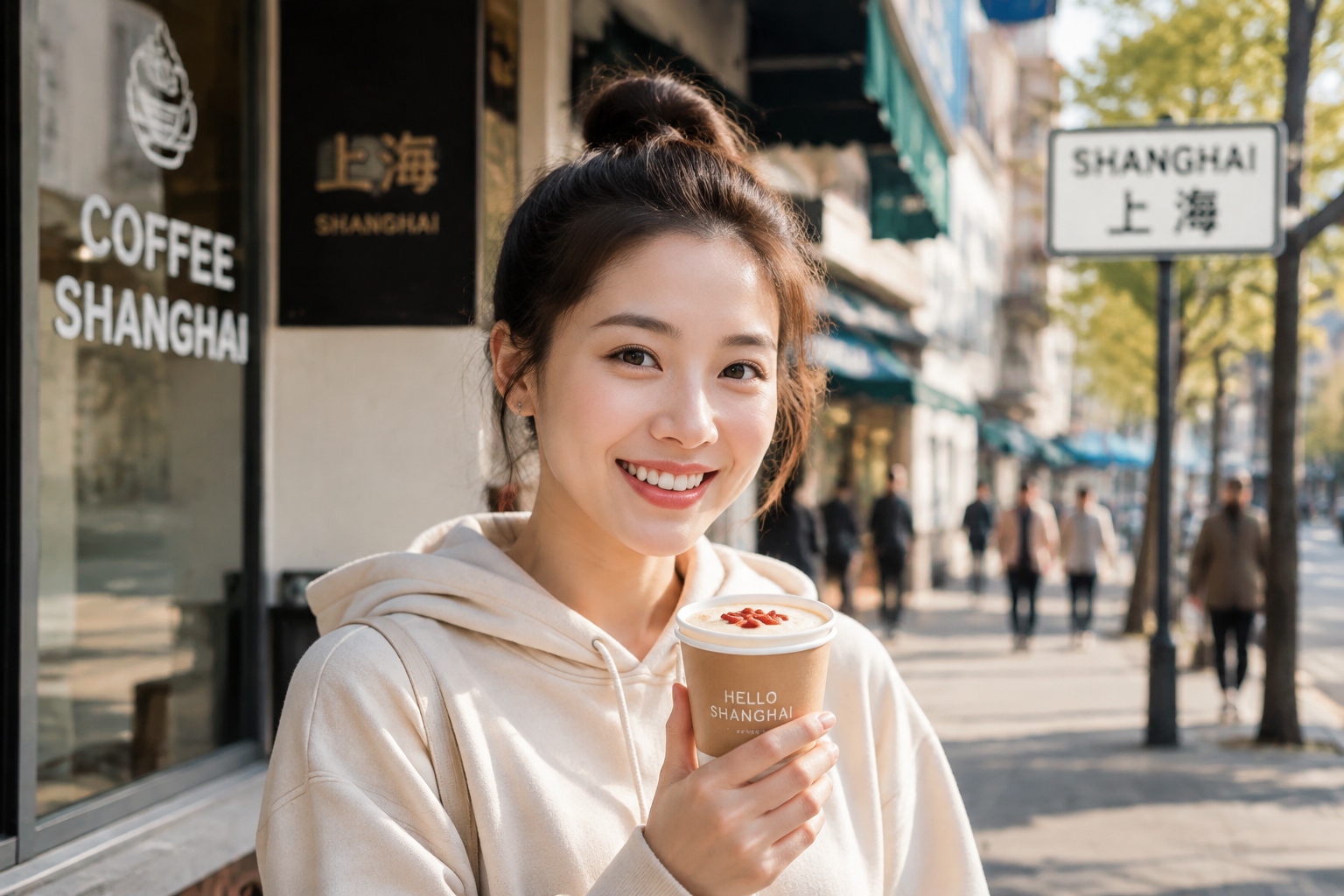 Young Chinese woman holding a goji berry latte on a Shanghai street, representing the 'food as medicine' coffee trend.