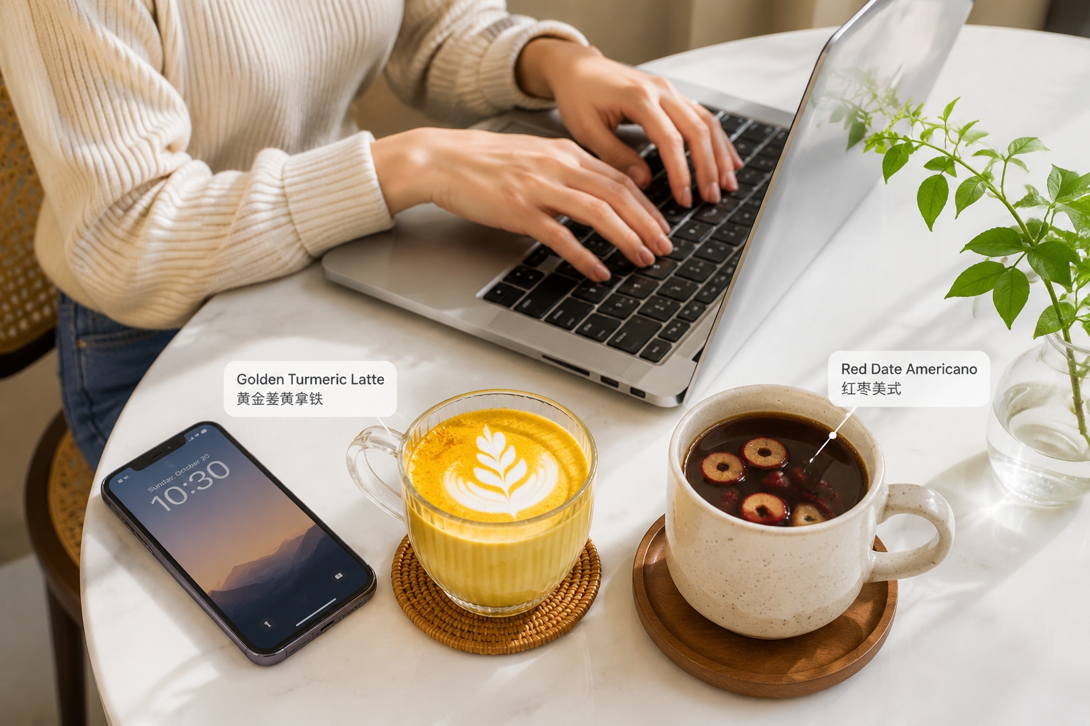 Flat lay of technology and 'punk health' coffee drinks: a turmeric latte and red date americano on a workspace.