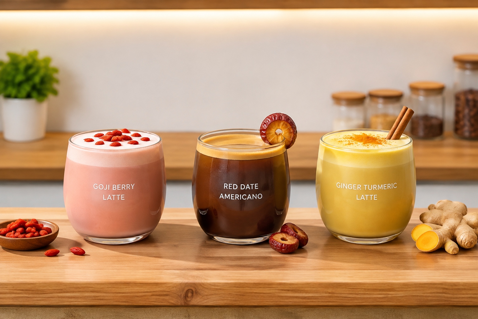 Three popular 'medicine-food' coffee drinks: goji berry latte, red date americano, and ginger turmeric latte.