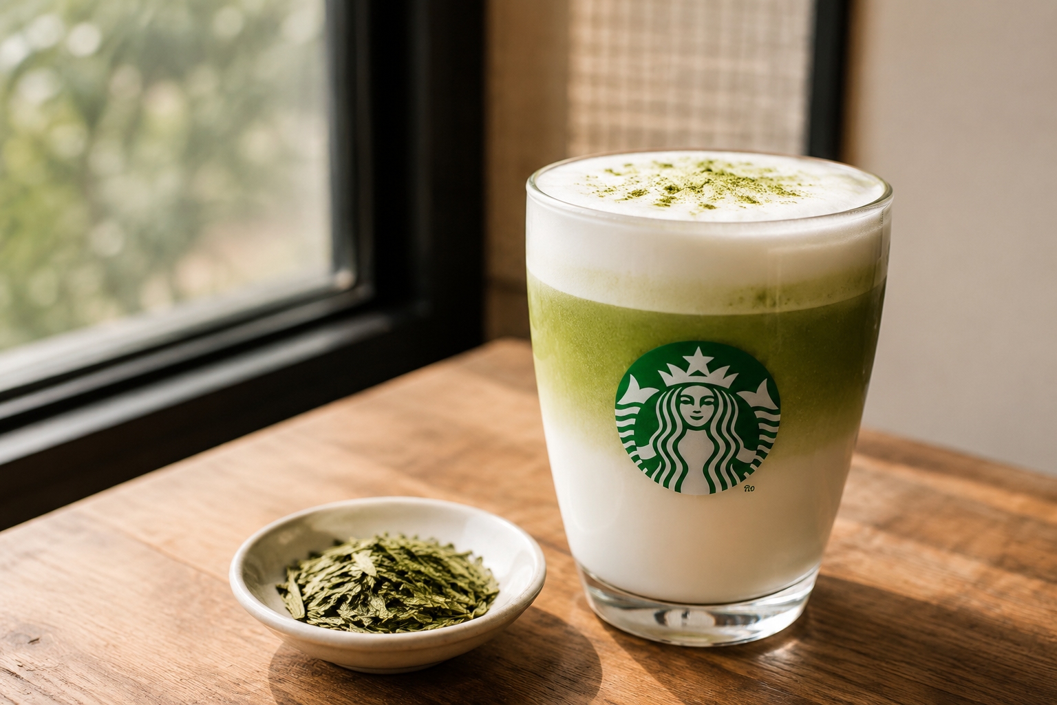 Close-up of a Starbucks Longjing Tea Latte with loose tea leaves in a ceramic dish, showing a milk-tea layer in a glass cup