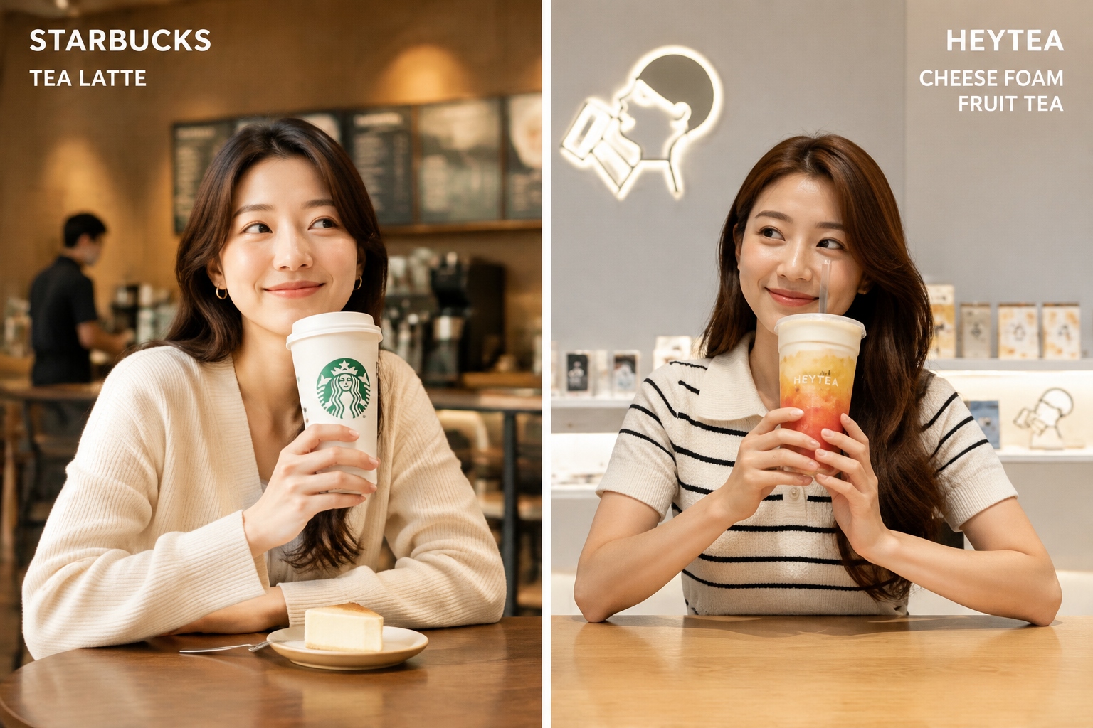 Comparison of a Starbucks tea latte and a local cheese-foam fruit tea from a Chinese tea brand on a wooden table