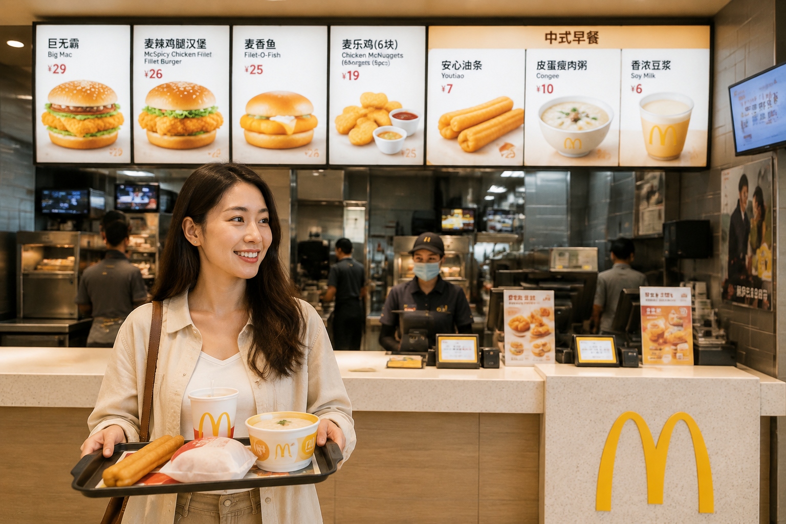 McDonald's China menu display showing both Western and Chinese breakfast items like youtiao and congee