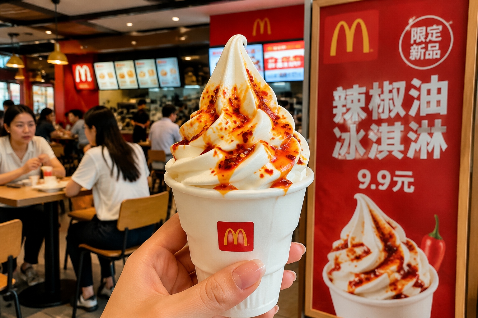 Vanilla soft-serve ice cream topped with hot chili oil at McDonald's China