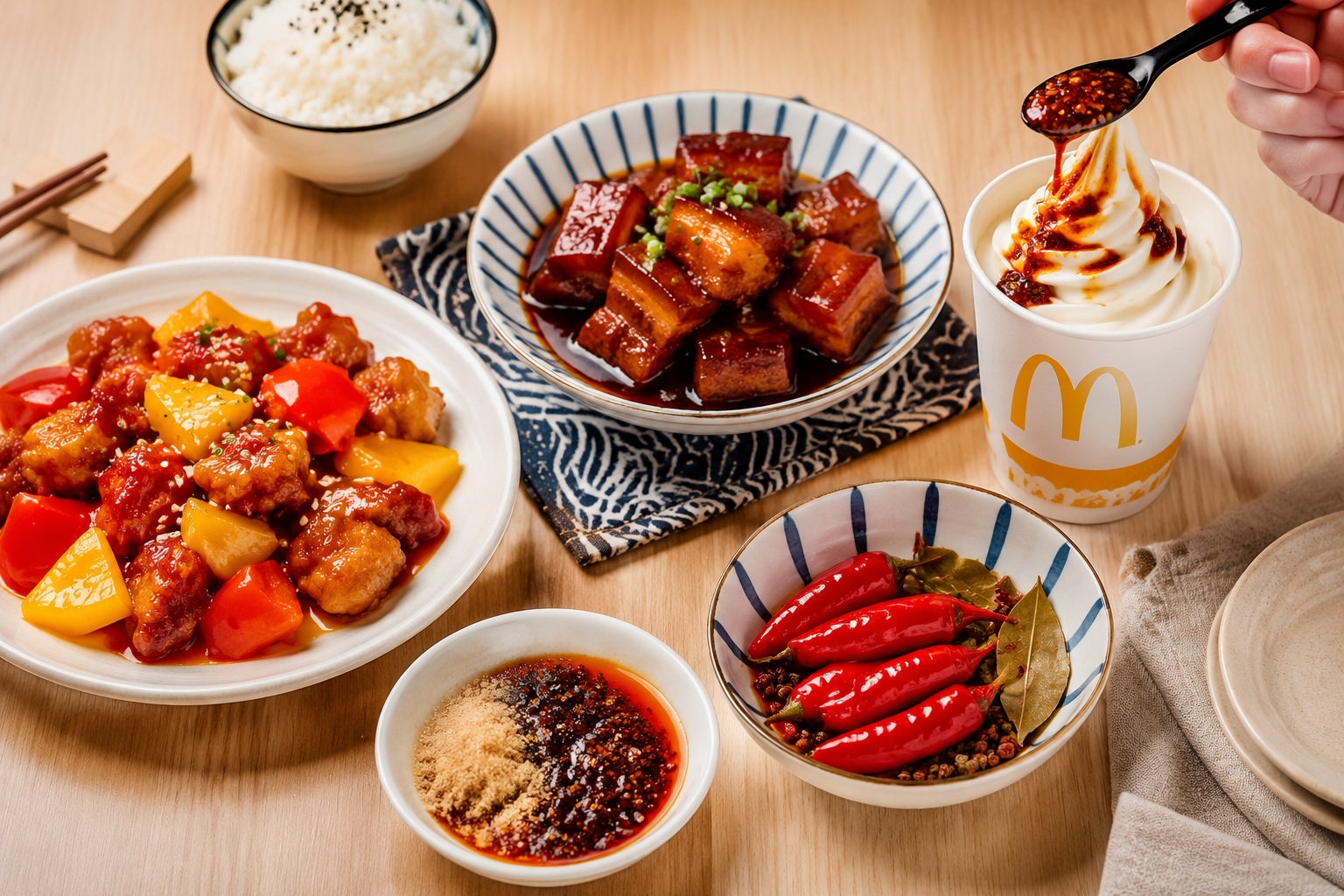 Chinese dishes that combine sweet and spicy flavors, next to a McDonald's chili oil ice cream