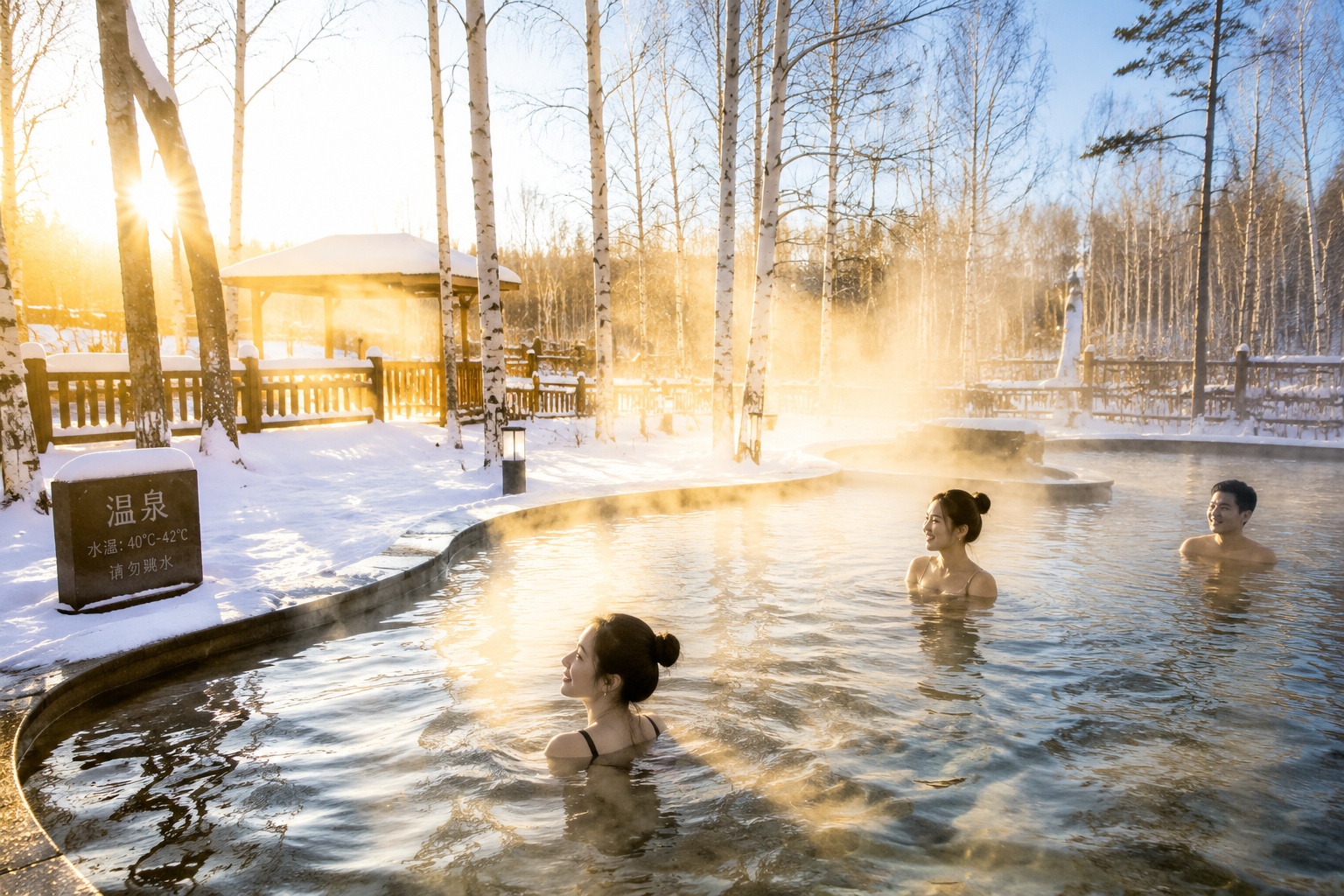 Outdoor geothermal hot spring pool in Arxan with bathers, steam rising in winter forest