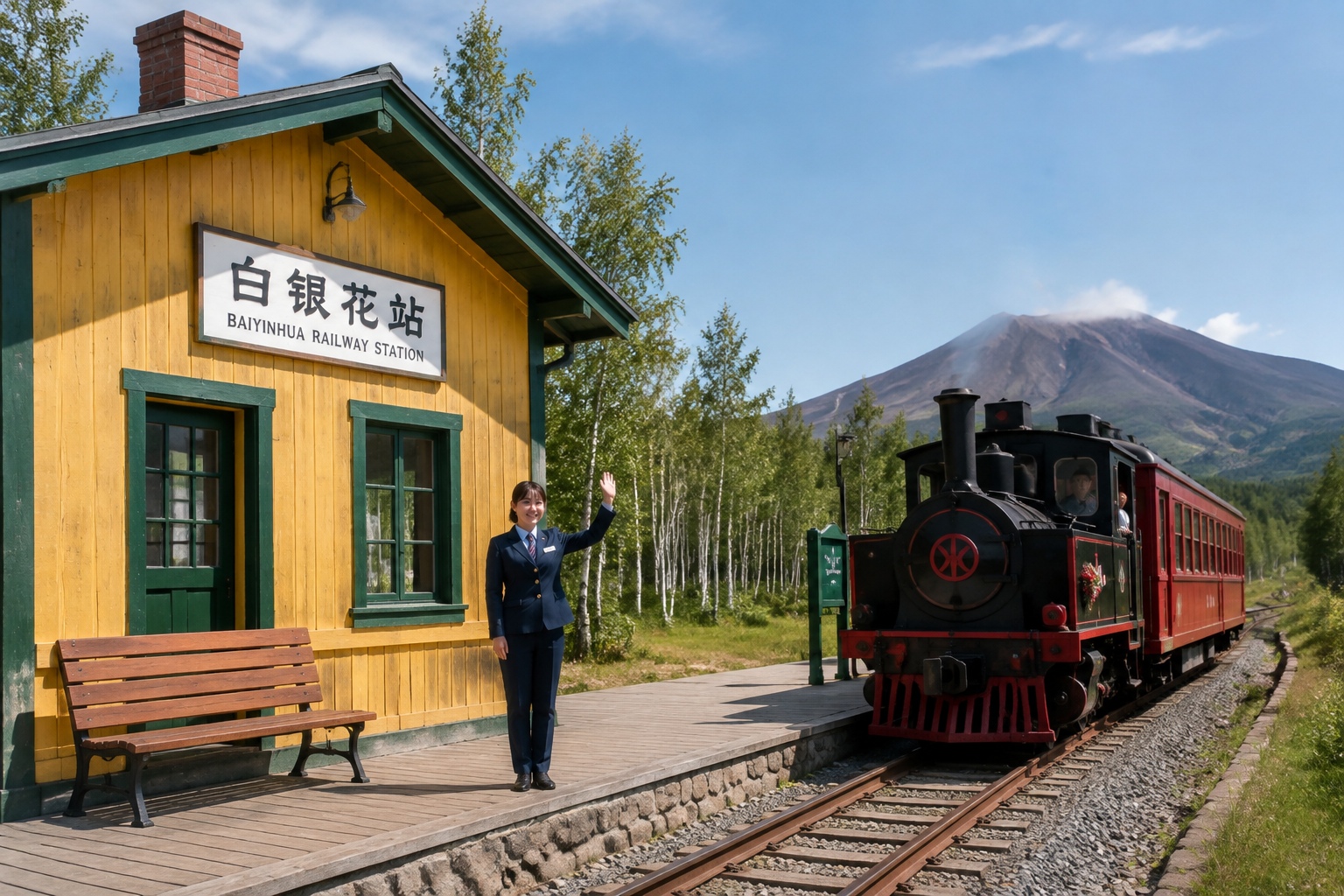 China's smallest passenger station Baiyinhua with a narrow-gauge train at the platform in Inner Mongolia