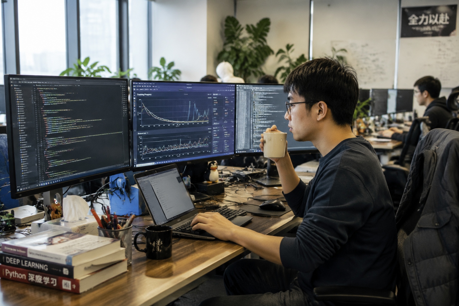 Beijing AI engineer reviewing deep learning training logs in a startup office