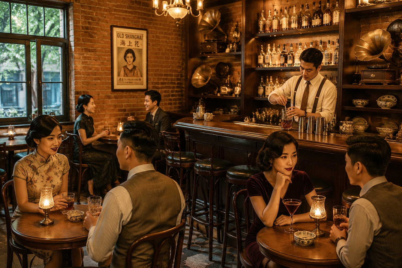 Inside a hidden speakeasy in Shanghai's French Concession, with vintage decor and a bartender mixing cocktails by candlelight.
