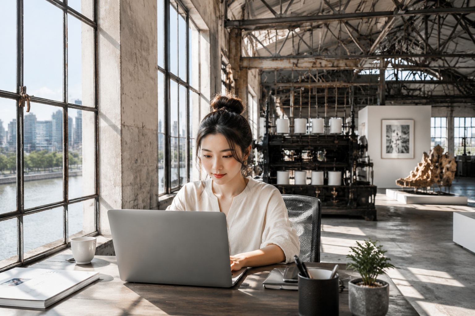 A young professional working in a converted 1920s warehouse design studio on Suzhou Creek, Shanghai.