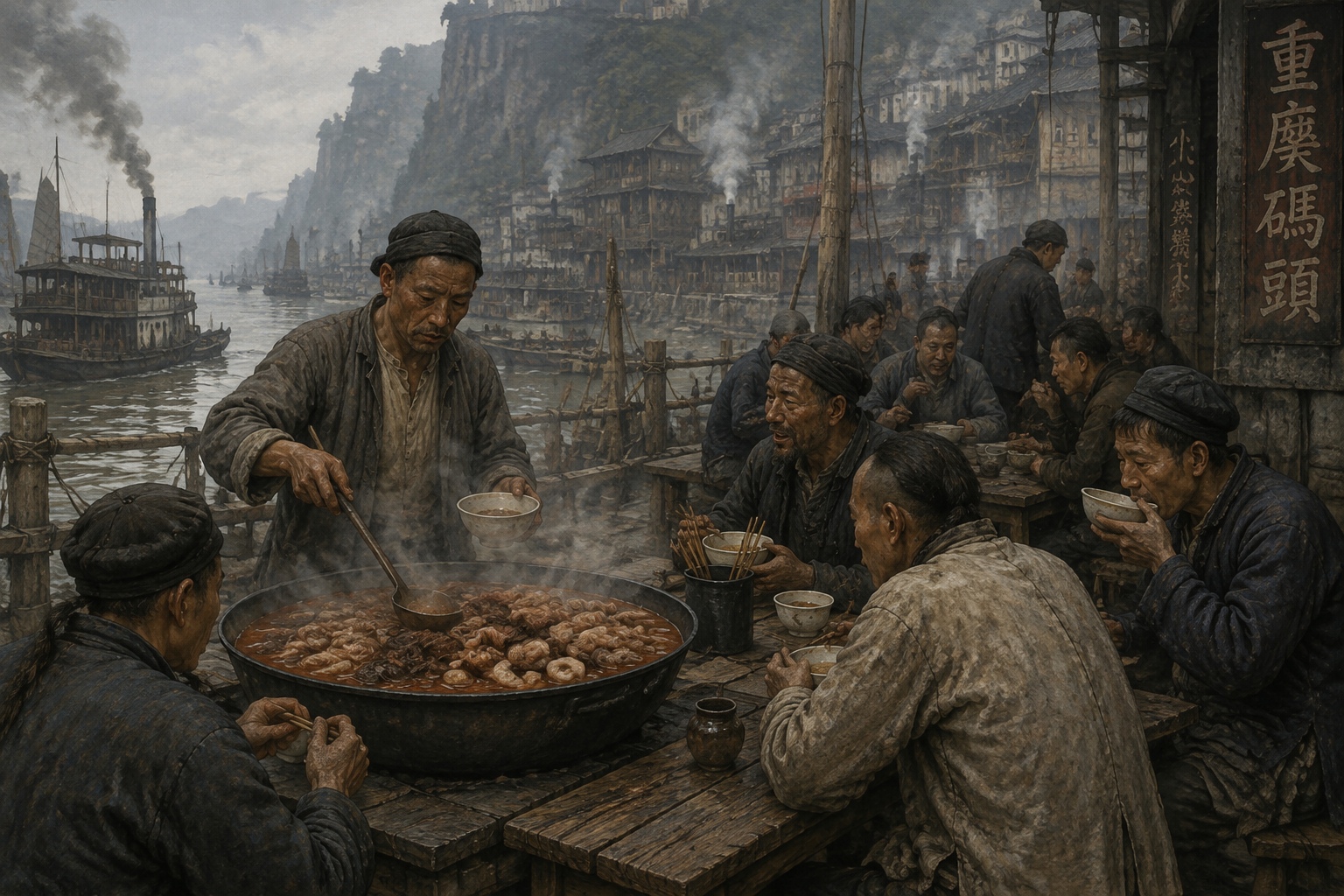 Historical illustration of dock workers sharing a hotpot on the Chongqing riverfront in the 19th century