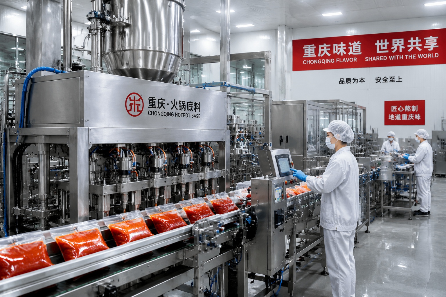 Industrial production of Chongqing hotpot base in a modern safe food factory