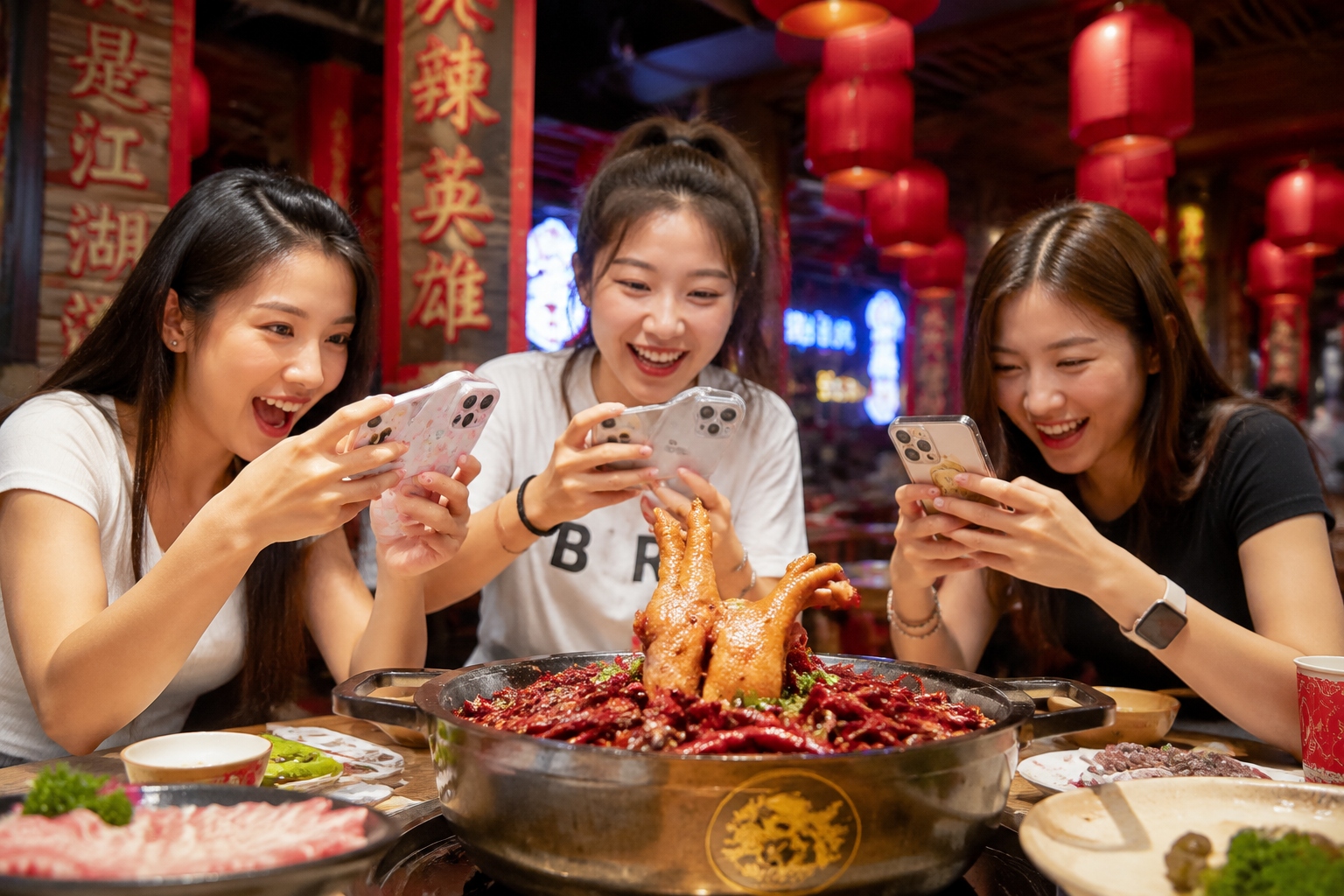 Young diners photographing a creatively styled Chongqing hotpot for social media
