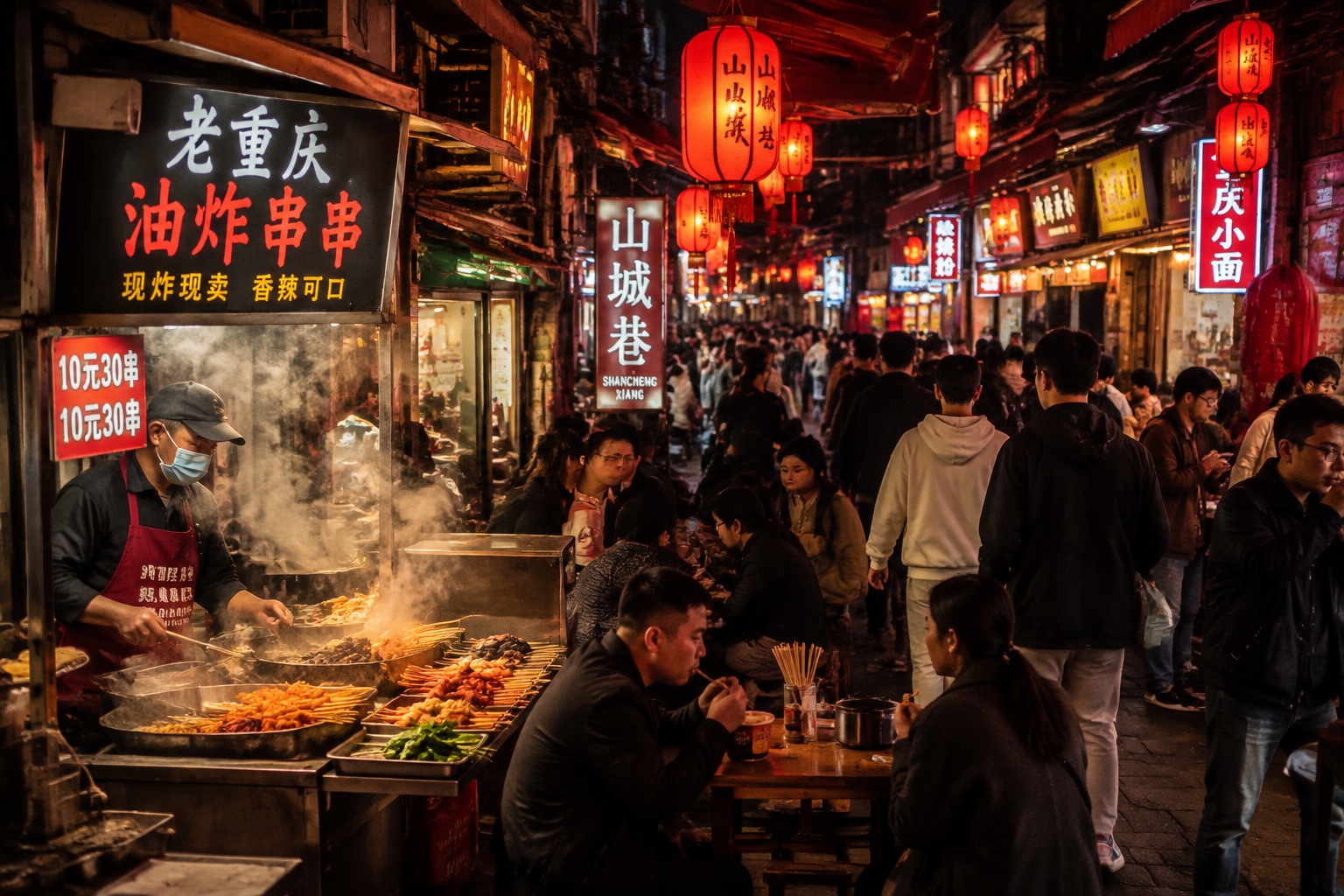 Street food vendors cooking spicy snacks in a Chongqing night market as tourists gather.