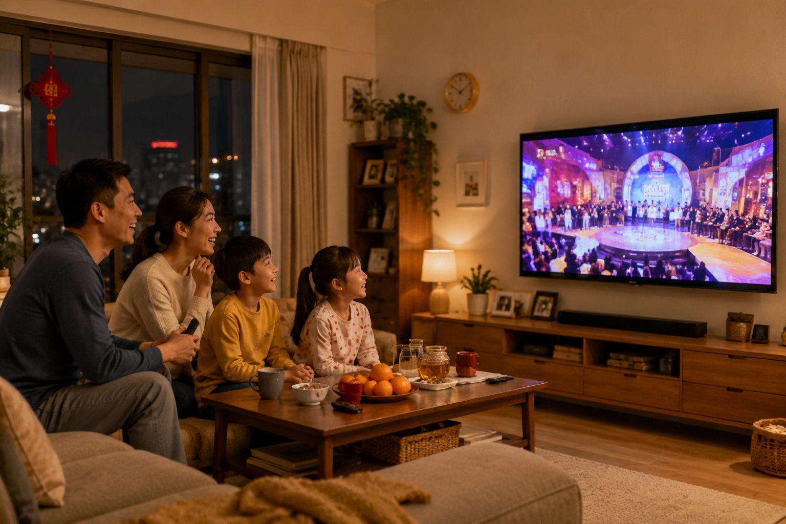 Chinese family watching Hunan TV variety show in their living room at night