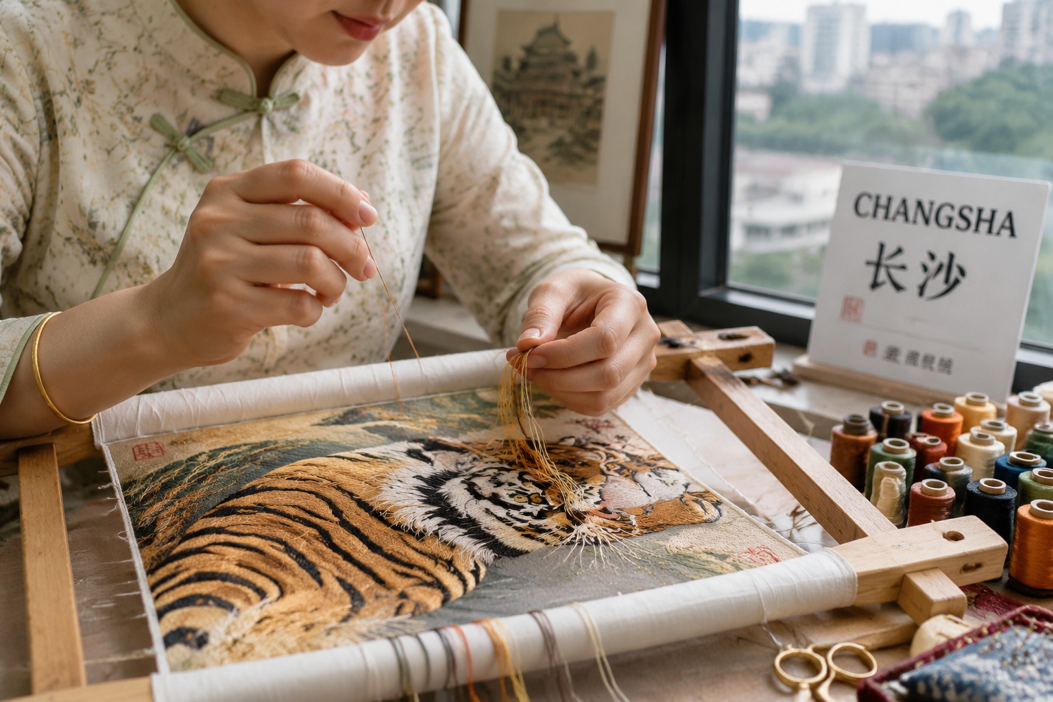 Close-up of hands embroidering a colorful tiger with silk thread in a Changsha studio