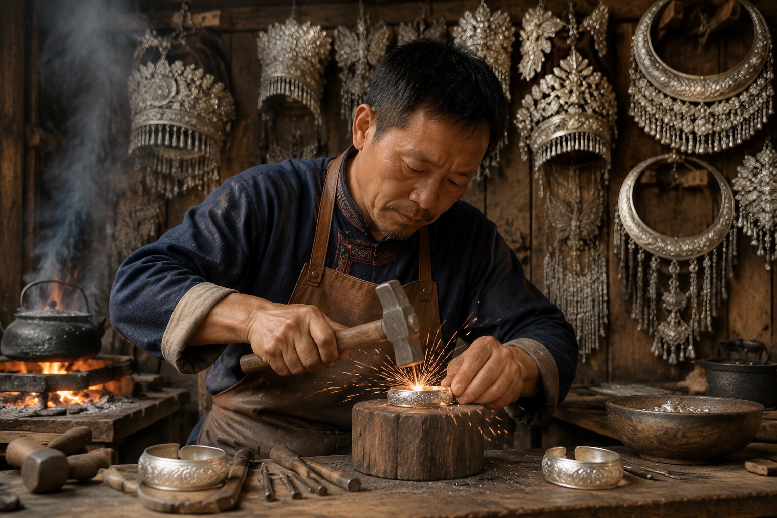 Miao silversmith hammering a bracelet in his village workshop near Fenghuang, Hunan