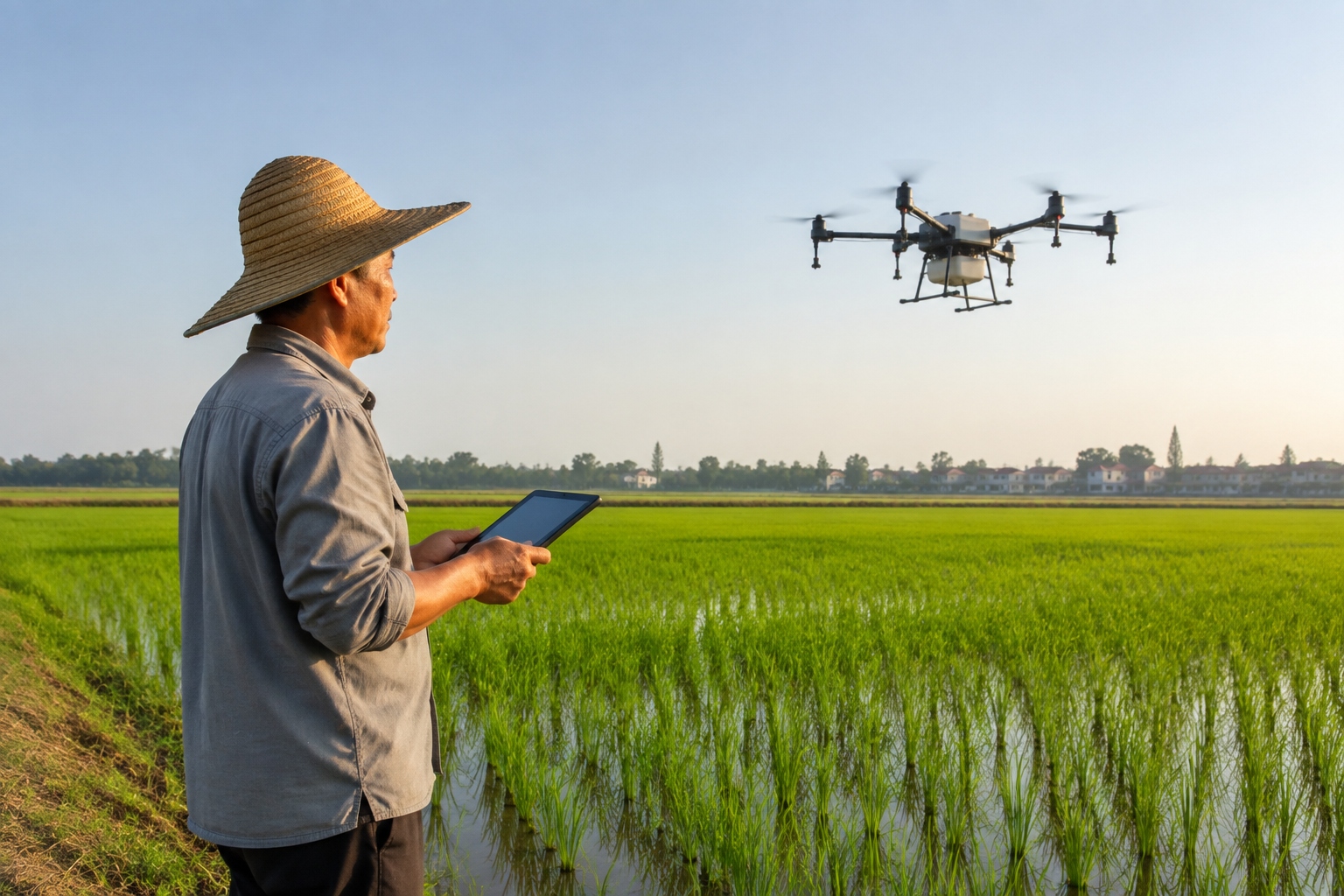Farmer operating a drone with a tablet over a Hubei rice paddy in the morning