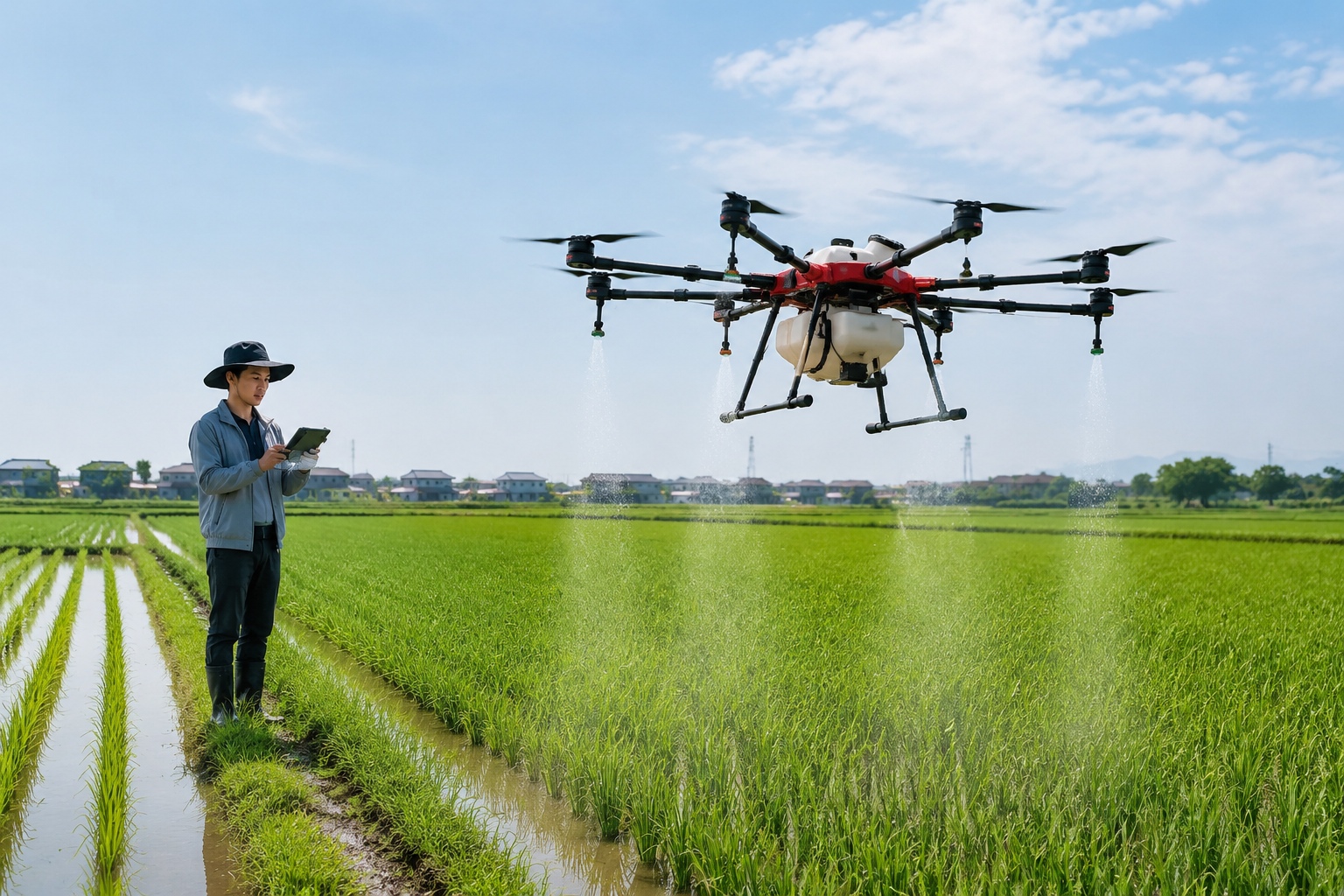 Young farmer monitoring a drone spraying rice crops in Hubei's paddy fields