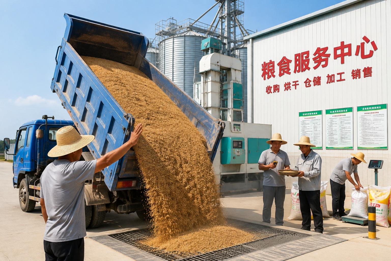 Rice being delivered to a modern grain silo at a rural service center in Hubei