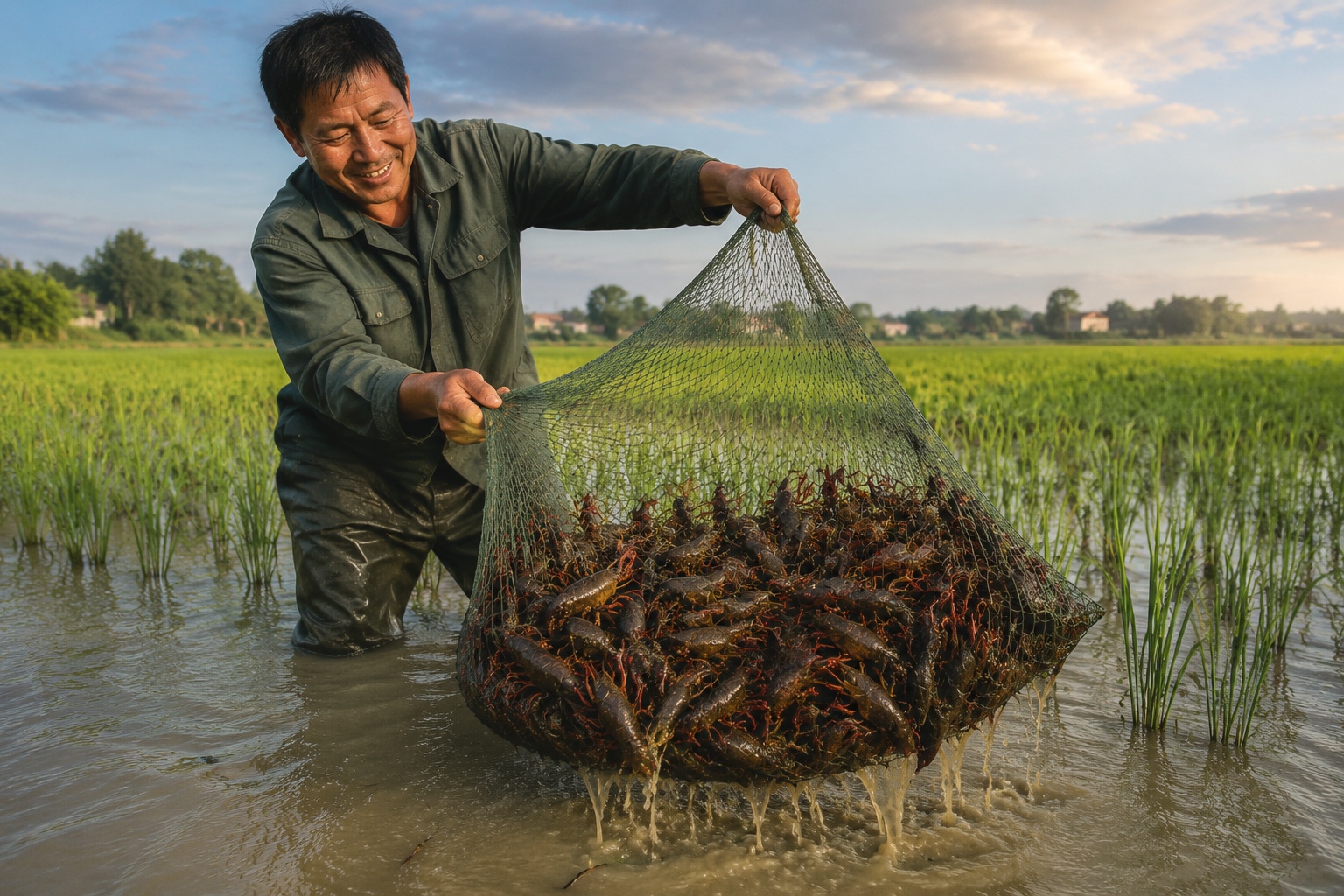 Farmer harvesting crayfish from a rice paddy in Hubei, an example of sustainable farming