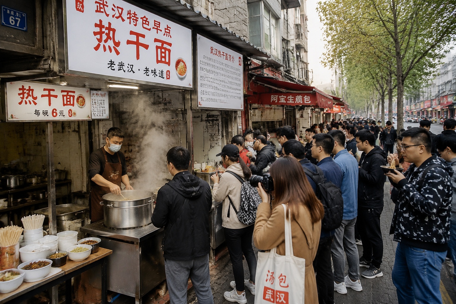A Wuhan breakfast stall serves hot dry noodles to a queue of locals and tourists on a lively morning street.