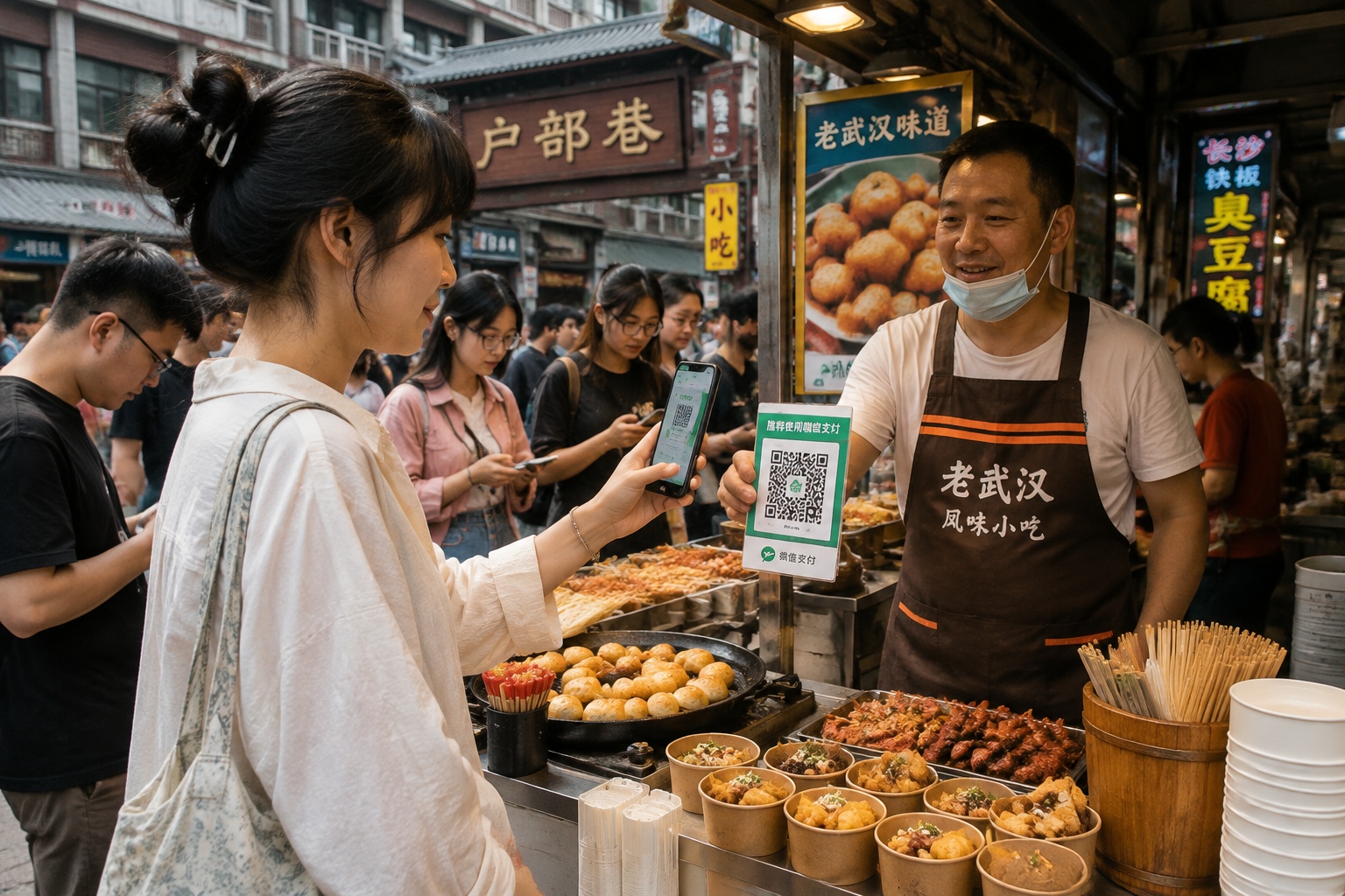 A tourist scans a QR code to pay for street food in Wuhan, demonstrating the ubiquity of mobile payment in Chinese cities.