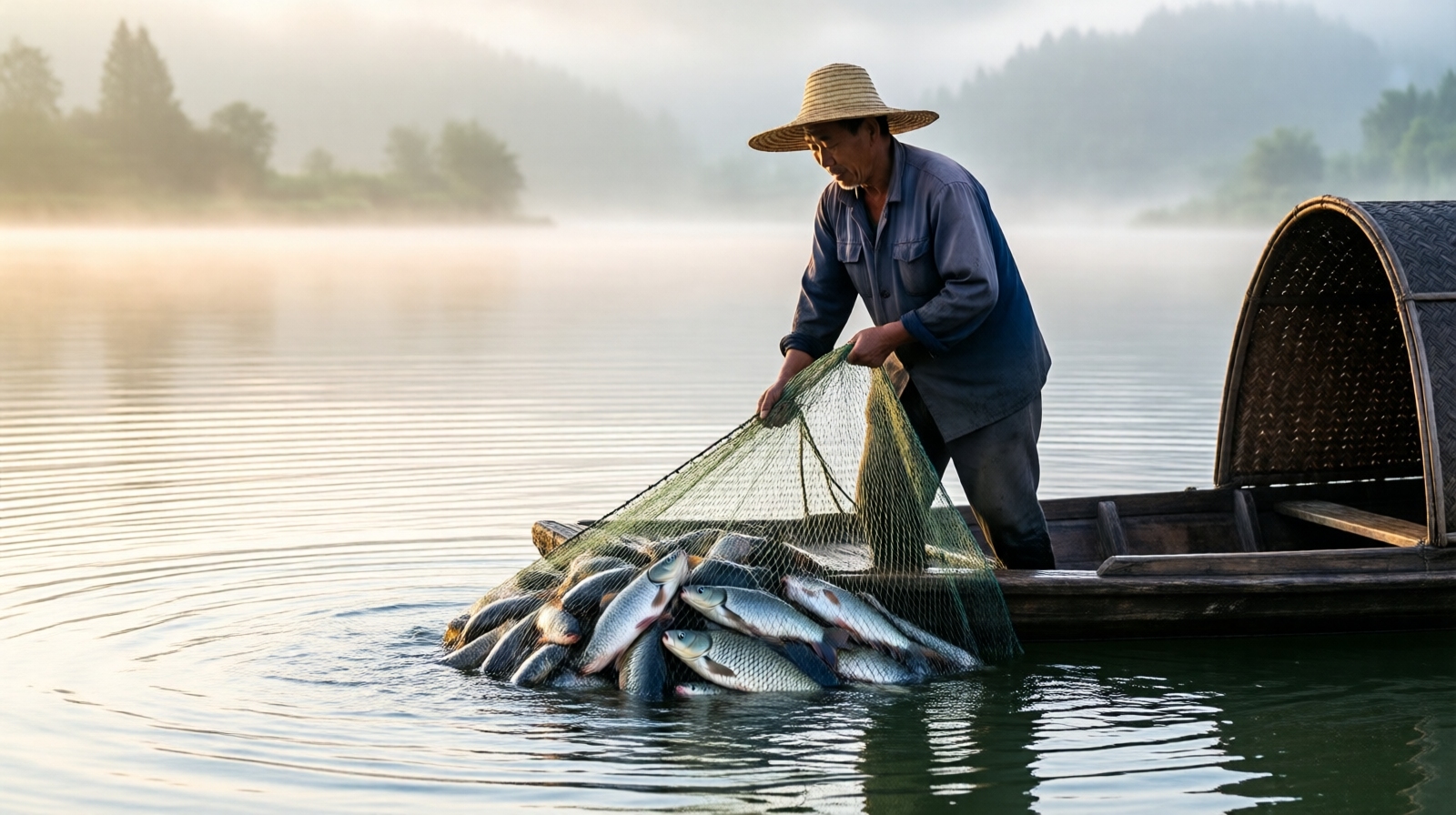 Chinese fisherman harvesting silver carp from a lake in Hubei province at dawn