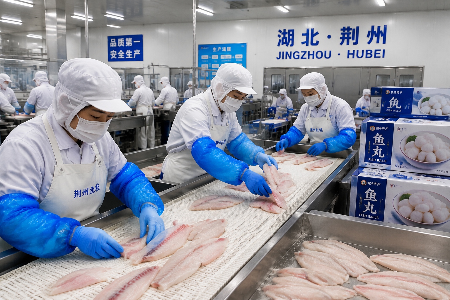 Workers sorting freshwater fish fillets at a processing plant in Jingzhou, Hubei