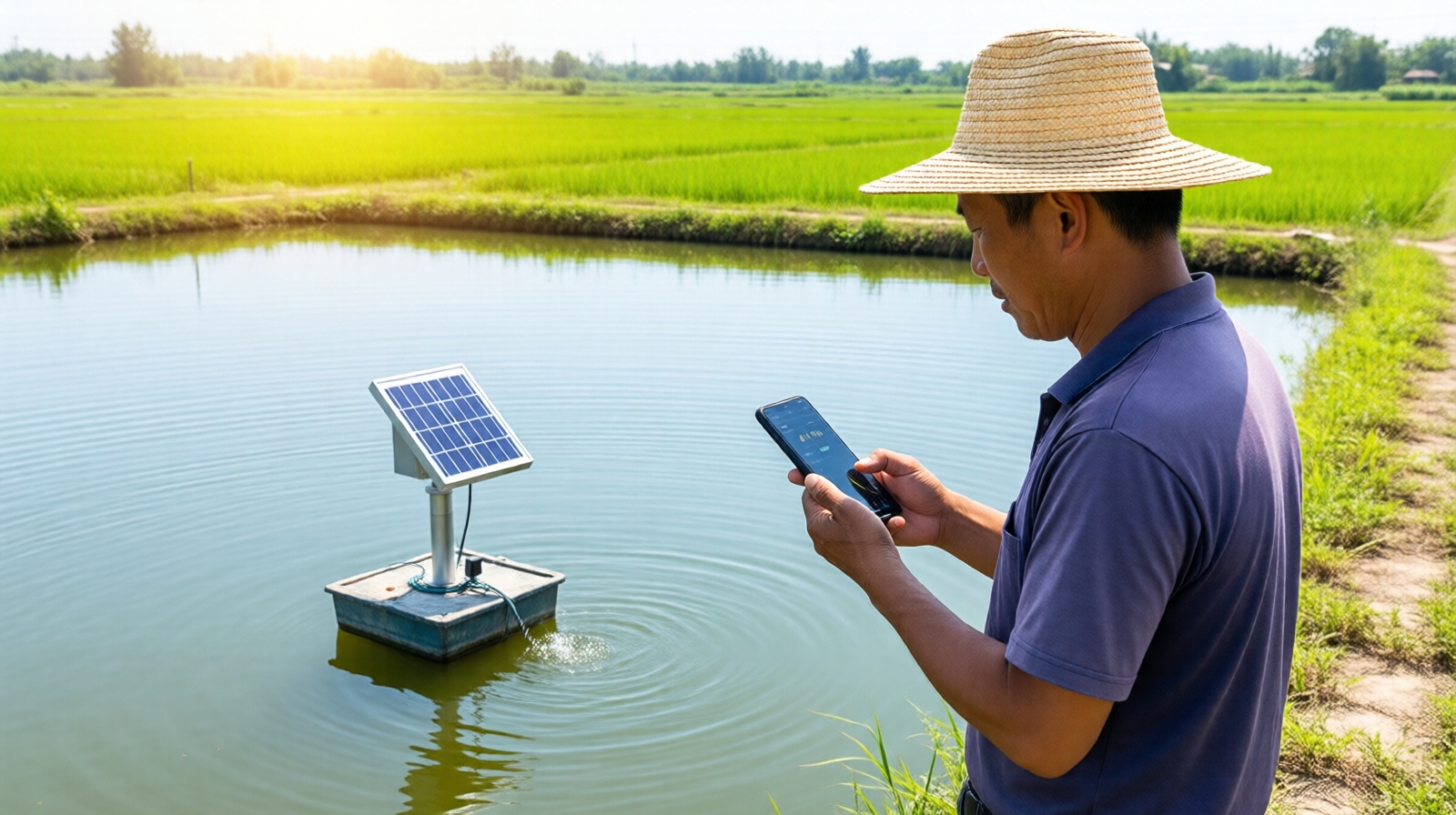 Farmer using a smartphone to monitor water quality in a fish pond in Hubei, China